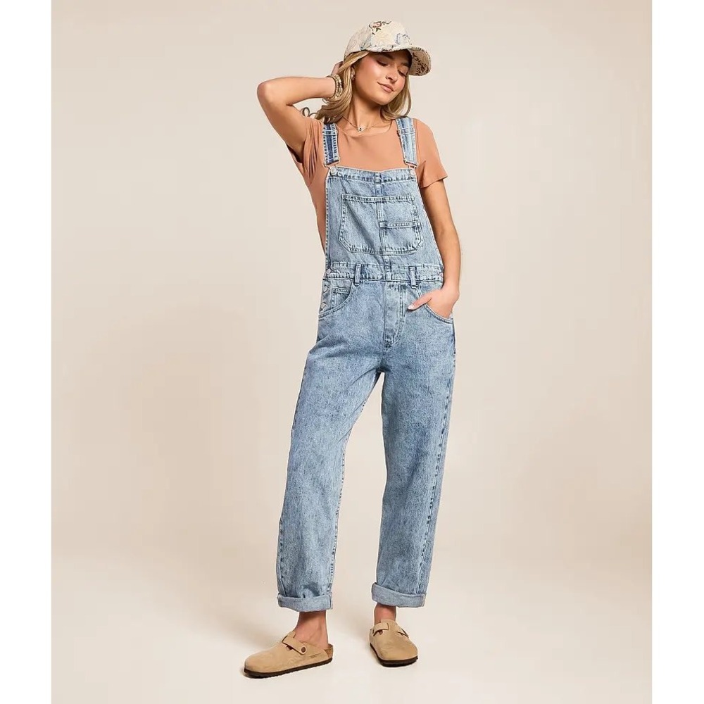 Free People We The Free Ziggy Denim Overall Straight Leg Acid Wash Size Large